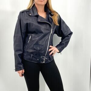 NWT LTH JKT Zoe Batwing Biker Leather Moto Navy Blue Jacket Size Small